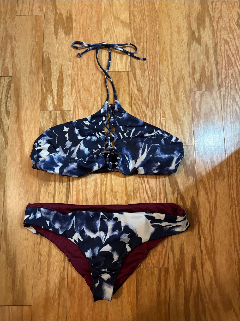 Tie-Front Halter Bikini Set in Navy, White & Burgundy